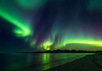 Vibrant green and purple aurora borealis dancing in the night sky over a calm ocean and sandy beach.