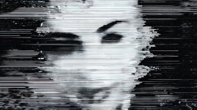 Monochrome glitch portrait of a woman dissolved by horizontal lines, tense sci‑fi feel that signals security breaches, dark web whispers, and identity drift &mdash; a perfect opener for thrillers, fintech w