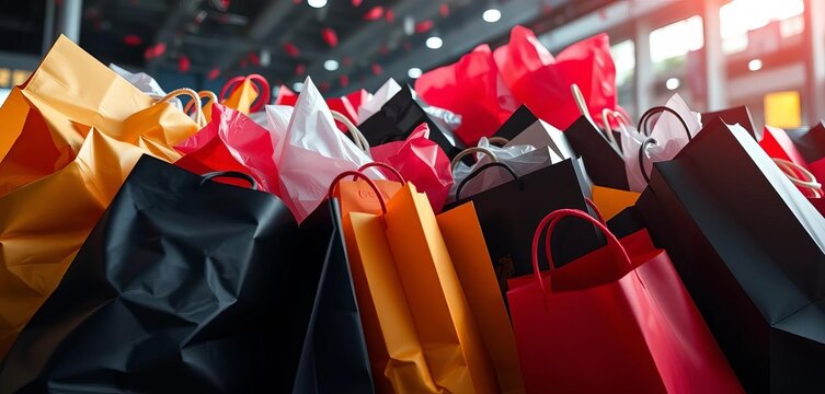 Dramatic close-up of overflowing shopping bags, Black Friday sale,  retail therapy,   presents