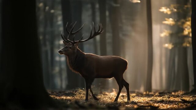 Majestic stag walking through sunlit forest trees scenic nature landscape