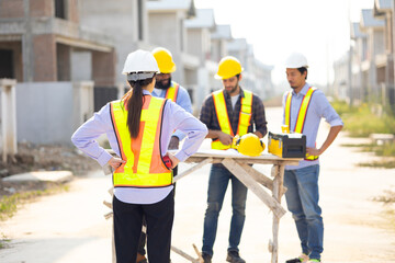 Woman leader Professional engineering teamwork : Ethnic diversity worker people, Success teamwork. working woman leader and professional engineering people wearing hardhat safety helmet