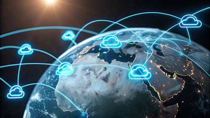 Glowing Earth surrounded by illuminated cloud icons connected by lines, symbolizing global cloud computing and secure data sharing