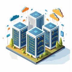 Obraz premium Illustration of a server farm with four server racks, connected to cloud computing, on a platform with trees, against a white background.