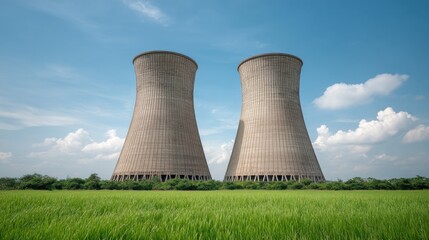 Fototapeta premium Modern Cooling Towers Surrounded by Lush Green Field under Clear Blue Sky, Industrial Infrastructure Symbolizing Energy Production and Power Generation