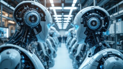 Fototapeta premium Futuristic Robotic Heads with Blue Eyelights in a Modern Industrial Factory Setting