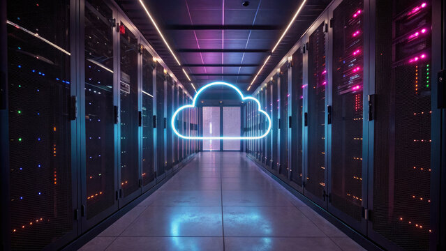Glowing cloud hologram in futuristic server room, symbolizing secure cloud computing and data storage technology