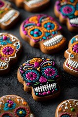 Close-up of colorful sugar skull cookies decorated for D&iacute;a de los Muertos. Perfect for themes related to Mexican culture, Day of the Dead celebrations, and festive food.