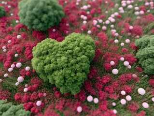 Green Heart Shaped Tree Surrounded by Red and Pink Flowers Aerial View