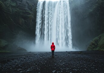 A solitary person in a bright red jacket stands before the immense and powerful Skógafoss waterfall in Iceland.