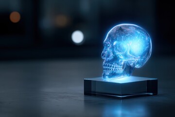 A glowing crystal skull sculpture illuminated in blue, resting on a reflective surface, creating a mystical atmosphere.