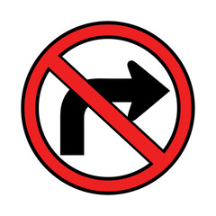 A circular road sign with a red border and a black arrow indicating a prohibited right turn.