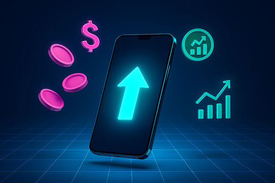 Mobile financial growth and cryptocurrency investment concept with a smartphone screen showing a bright upward arrow, floating pink coins, and a dollar sign on a futuristic blue wireframe grid