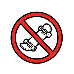 A bold graphic illustration of a no skateboarding allowed prohibition sign on a white background.