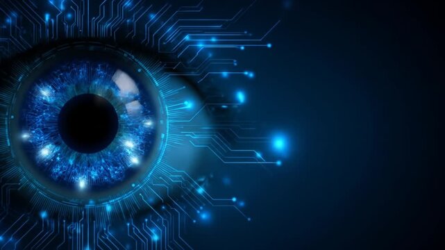 Digital eye with circuit board overlay on a dark blue background