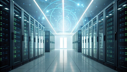 Futuristic data center with glowing servers and holographic elements, showcasing advanced technology and clean, modern design