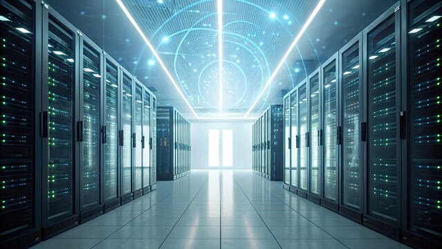 Futuristic data center with glowing servers and holographic elements, showcasing advanced technology and clean, modern design