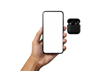 Manicured hand presenting a sleek black smartphone with a blank white screen and matching wireless earbud case, isolated on transparent, concept of sophisticated tech presentation.