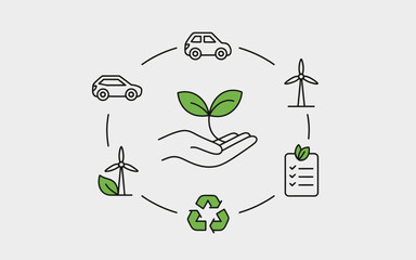 Minimalist line art icons representing eco friendly concept sustainable development and green technology silhouette vector illustration white background