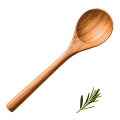Wooden spoon with rosemary isolated on transparent background, kitchen utensil