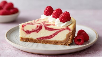 Delicious slice of creamy cheesecake topped with fresh raspberries and whipped cream on a decorative plate with pink backdrop
