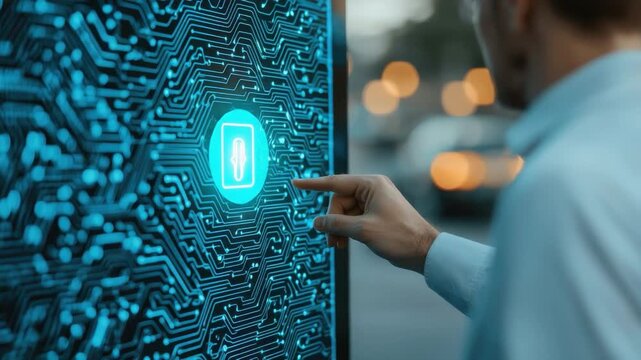 Person Interacting with Digital Technology Interface Featuring Circuit Patterns and Touchscreen Button in Urban Setting 4k video footage