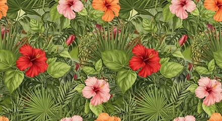 A seamless pattern of tropical hibiscus flowers and various green foliage in a dense jungle scene