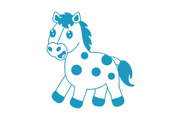 Cheerful blue cartoon horse with polka dots stands on a white background