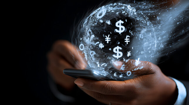 Person holding smartphone with glowing digital globe of currency symbols and data streams finance