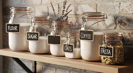 Rustic kitchen pantry with glass jars labeled for sugar pepper flour pasta and spices.