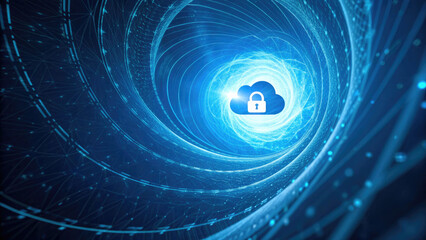 Glowing blue cyber vortex with secure cloud icon at center, symbolizing data protection and digital security