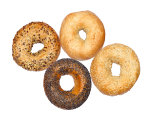 four diverse bagels, including everything, poppy seed, sesame, and plain, arranged artfully on a dark background