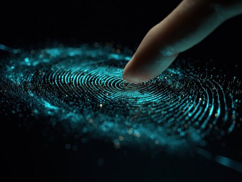 A finger touches a glowing, digital fingerprint pattern, symbolizing technology, security, and identity verification.