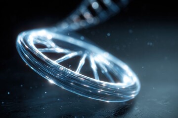 A luminous, swirling DNA helix glows against a dark background, symbolizing genetics, innovation, and scientific exploration.