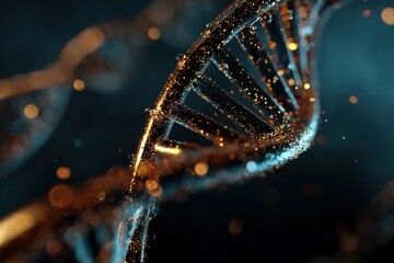 A stunning close-up of a DNA strand, illuminated with shimmering particles, creating a visually captivating representation of genetic structures.