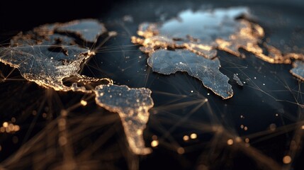 A stunning digital map of the world illuminated by glowing lights, showcasing a network of connections across continents.