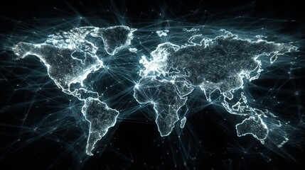 A digital map of the world illuminated with interconnected lines, representing global connectivity and information flow.