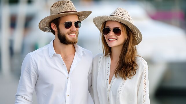 Happy couple in summer fashion enjoying sunny day at seaside promenade