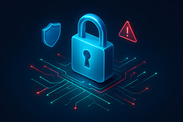 A large, glowing padlock icon centered over a circuit board with connecting lines and accompanied by a shield and an exclamation mark, symbolizing cybersecurity, data protection, and digital security