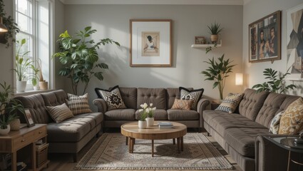 Cozy and Modern Living Room with Earthy Tones and Indoor Plants in a Spacious Setting