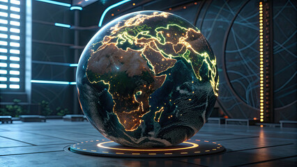 Glowing futuristic globe displaying illuminated continents in high tech environment, symbolizing global connectivity and advanced technology