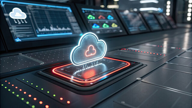 Glowing holographic cloud icon on futuristic control panel, symbolizing cloud computing and data storage in high tech environment