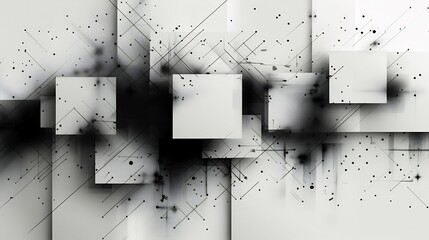 Abstract digital background with overlapping geometric shapes, scattered dots, and interconnected lines creating a complex network.
