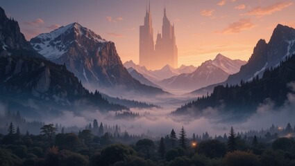 Majestic Mountain Landscape at Sunset with Misty Valley and Towering Architectural Structures