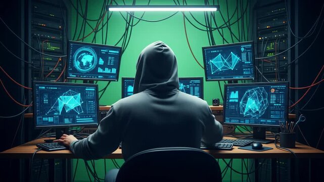 Back View of Person in Gray Hoodie at Computer Desk with Multiple Monitors Displaying Blue Graphics Against Green Wall