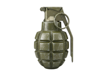 A three-dimensional model of a hand grenade, displaying its detailed design and textured surface against a black background.