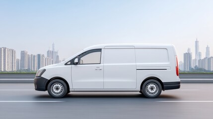 Fototapeta premium White Delivery Van in Urban Setting with Skyscrapers in Background, Modern Transportation Concept for Business and Logistics