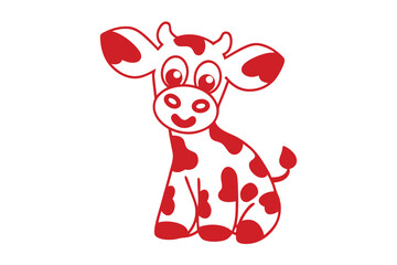 Delightful red and white cartoon cow is sitting down and smiling playfully in isolated setting