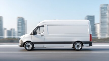 White delivery van driving on a city road with modern buildings in the background, showcasing efficient transportation and logistics in urban environments