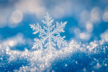 A delicate snowflake rests on a blue snow surface, captured in sharp focus with soft bokeh in the background. The icy crystal pattern evokes winter and holiday mood.