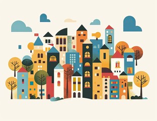Fototapeta premium Colorful buildings in flat-style city scape, with trees and clouds for illustration